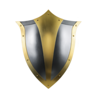 Metallic shield with gold and silver design, featuring sleek, polished surface and riveted edges, symbolizes protection and strength png