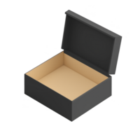 Open black cardboard box with beige interior is displayed, showcasing its simple and functional design. lid is partially open, revealing spacious inside png