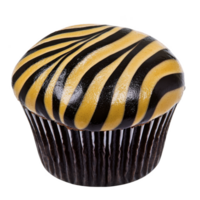 Cupcake with striking zebra pattern design on frosting, featuring bold black and yellow stripes, creates visually appealing and unique dessert png