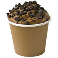 Cup of rich chocolate ice cream topped with chunks of dark chocolate, served in brown paper cup, offers delightful treat. creamy texture and indulgent flavor make it irresistible png