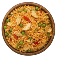Bowl of delicious fried rice with vibrant vegetables and tender chicken pieces, featuring green peas, red bell peppers, and celery, creating colorful and appetizing dish png