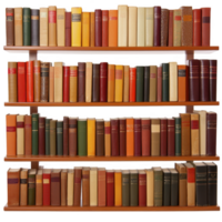 Wooden bookshelf filled with variety of colorful hardcover books, organized neatly in rows. books have different sizes and colors, creating vibrant and intellectual atmosphere png