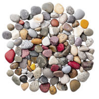 coleção do colorida pedrinhas dentro vários formas e tamanhos, arranjado dentro circular padronizar. pedras exibição alcance do matizes Incluindo vermelho, amarelo, cinza, e branco, criando vibrante e natural mosaico png