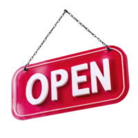 bright red open sign hangs invitingly, signaling that business is ready to welcome customers. bold white letters stand out against vibrant background, creating welcoming atmosphere png