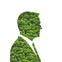 silhouette of man in suit is filled with vibrant green forest pattern, symbolizing connection between nature and humanity. image conveys sense of harmony and environmental consciousness png