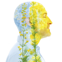serene man with closed eyes is overlaid with vibrant yellow flowers, symbolizing harmony and nature. artistic blend of human and floral elements creates peaceful, introspective mood png
