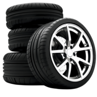 Four sleek car tires with shiny alloy rims are stacked, showcasing their modern design and durability. image highlights smooth tread pattern and metallic finish, ideal for automotive enthusiasts png