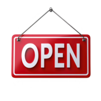 red open sign hangs invitingly, signaling that business is ready to welcome customers. bold white letters stand out against vibrant background, creating welcoming atmosphere png