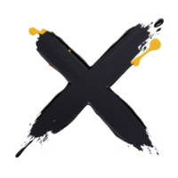 bold black brushstroke forms expressive X with splashes of yellow paint, creating striking contrast. dynamic design conveys sense of creativity and spontaneity png