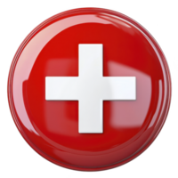 glossy red button with white cross symbol in center, representing medical or emergency icon, stands out against plain background. design is simple yet striking png