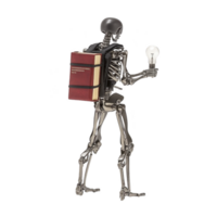 metallic skeleton carrying large book on its back holds glowing light bulb, symbolizing knowledge and innovation. scene is both intriguing and thought provoking png