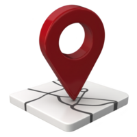 3D red map pin icon is placed on white square base with simple black line map design, symbolizing location or navigation. glossy finish adds modern touch png