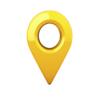 bright yellow 3D map pin icon with glossy finish, symbolizing location or navigation. pin is isolated on transparency background, emphasizing its vibrant color and sleek design png