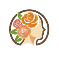 stylized illustration of woman profile is adorned with vibrant roses and leaves, set within circular frame. design combines elegance and nature, creating harmonious and artistic representation png