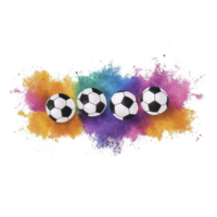 Four soccer balls are aligned against vibrant, colorful powder explosion background, creating dynamic and energetic sports themed image. vivid colors add excitement and movement png