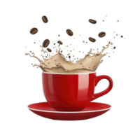vibrant red cup with saucer is filled with splashing coffee, surrounded by flying coffee beans, creating dynamic and energetic scene png