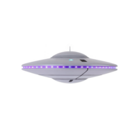 futuriste en volant soucoupe avec embrasé violet lumières plane dans milieu air, mettant en valeur lisse, métallique conception. OVNI lisse surface et vibrant éclairage créer sens de mystère et intrigue png