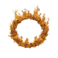 fiery ring of flames forms dynamic circle against transparent background, creating dramatic and intense visual effect. vibrant orange and yellow hues of fire convey energy and movement png
