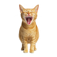 ginger cat with its mouth wide open, showing its teeth, sits against transparency background. cat fur is vibrant orange with distinct stripes, and its ears are perked up png