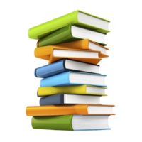 stack of colorful books is arranged in tall pile, showcasing vibrant covers in green, orange, blue, and yellow. books are neatly aligned, creating visually appealing and organized display png