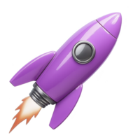 vibrant purple rocket icon with sleek design and fiery exhaust, symbolizing speed and innovation. glossy finish adds modern touch, making it ideal for tech or space themes png