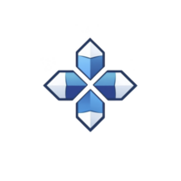 This features geometric design with four blue and white 3D shapes arranged symmetrically, resembling cross or plus sign. shapes have glossy finish, creating modern and sleek appearance png