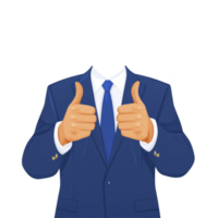 headless figure in blue suit and tie gives double thumbs up, conveying positivity and approval. image is digital illustration with focus on business attire and gesture png