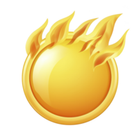 round, golden emblem with fiery flames emanating from top, symbolizing energy and intensity. design is bold and dynamic, capturing attention with its vibrant colors png
