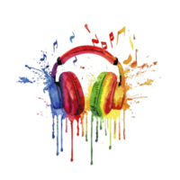 vibrant illustration of colorful headphones with splashes of paint and musical notes, symbolizing joy and energy of music. dynamic design captures sense of creativity and expression png