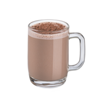 glass mug filled with creamy hot chocolate topped with cocoa powder, creating cozy and inviting beverage. rich texture and warm appearance make it perfect for comforting treat png