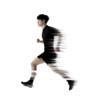 man in motion appears to be running with dynamic glitch effect, creating sense of speed and energy. image captures essence of movement and modern digital art png