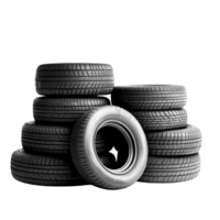 stack of black car tires is arranged in pyramid shape, showcasing their tread patterns. tires are new and clean, suitable for various vehicles, emphasizing durability and performance png
