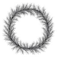 detailed, monochrome illustration of circular wreath made from intricate, overlapping branches, creating natural and elegant design png