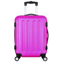 vibrant pink suitcase with hard shell design, featuring four wheels and telescopic handle, ideal for travel. suitcase is upright, showcasing its sturdy construction and modern style png