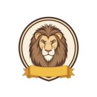 detailed illustration of lion head is centered within circular emblem, featuring blank golden banner below. design conveys strength and majesty, ideal for logos or branding png