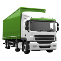 large white and green cargo truck with covered trailer is depicted, showcasing its robust design and functionality for transporting goods. truck is positioned angle, highlighting its size png