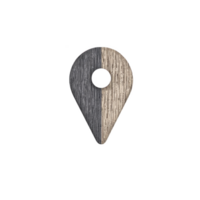 This features wooden location pin icon with split design, showcasing contrasting dark and light wood textures. pin shape is simple and modern, evoking sense of navigation and direction png