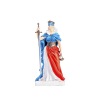 blindfolded Lady Justice statue stands with sword and scales, symbolizing fairness and impartiality. statue is adorned in red, white, and blue, representing justice and equality png