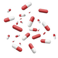 Red and white capsules are scattered against transparency background, creating dynamic and energetic composition. capsules vary in size, suggesting sense of motion and randomness png
