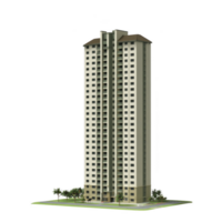 tall, modern residential skyscraper with numerous windows and balconies stands against clear sky. building is surrounded by small patch of greenery, including palm trees, creating serene urban png