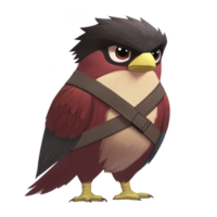 cute, animated bird character with red and black feathers, wearing harness, stands confidently. Its large eyes and expressive face add charm and personality to illustration png