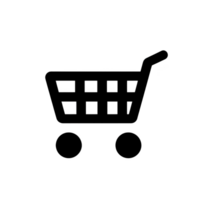 simple black shopping cart icon on transparent background, symbolizing online shopping or retail. cart has handle and four wheels, representing typical shopping cart used in stores png