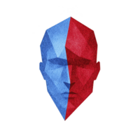 This features geometric, abstract face divided into two contrasting halves, one blue and one red, creating striking visual effect. angular shapes and bold colors convey sense of duality png