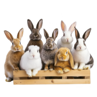 group of adorable rabbits sitting on wooden pallet, showcasing various colors and fluffy fur, creating charming and heartwarming scene png