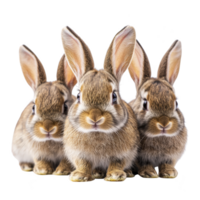 Three adorable brown rabbits with fluffy fur and large ears sit closely together, showcasing their cute and curious expressions. transparency background highlights their soft features png