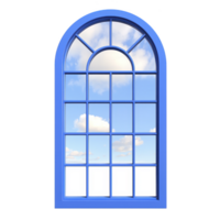 vibrant blue arched window frame with multiple panes reveals clear sky with fluffy white clouds, evoking sense of openness and tranquility png