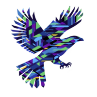 vibrante, geométrico pássaro ilustração características colorida mosaico padronizar com tons do azul, verde, e roxo, criando dinâmico e artístico representação do pássaro dentro voar png