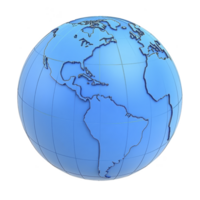 blue 3D globe illustration showing continents of North and South America, with visible latitude and longitude lines, representing global connectivity and geography png