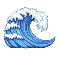 This features stylized, cartoon wave with dynamic, curling shape and frothy white crest, evoking sense of movement and energy. wave is depicted shades of blue, highlighting its fluidity and power png