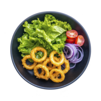 Crispy onion rings served with fresh lettuce, cherry tomatoes, and sliced red onions on black plate create vibrant and appetizing dish png